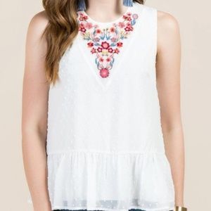 Francesca's White Embroidered Peplum Blouse